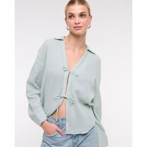 Abercrombie & Fitch Long-Sleeve Oversized Tie-Front Gauzy
Shirt Light Green Med